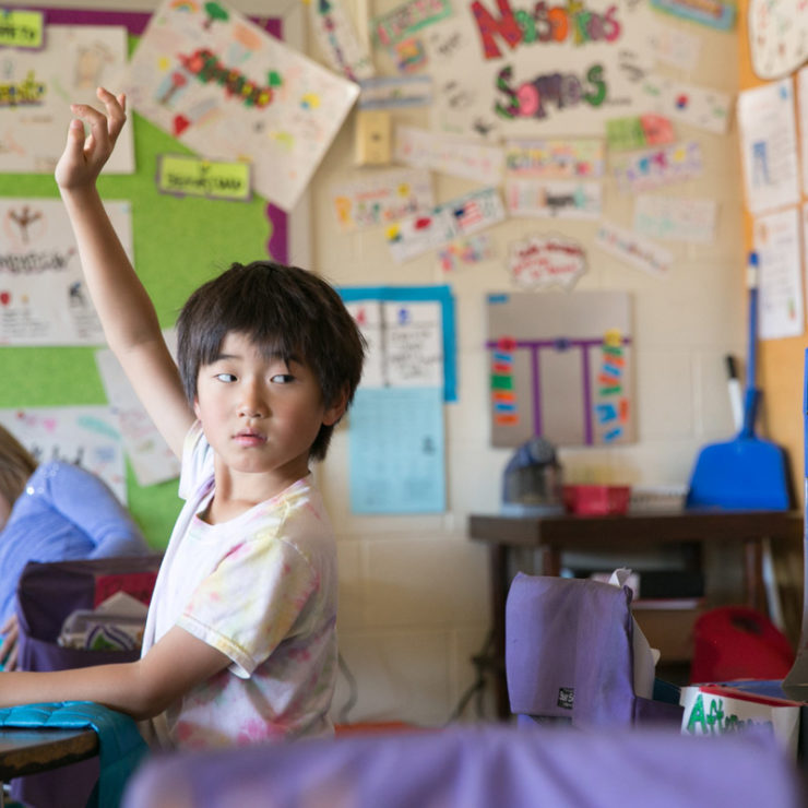 Young boy raising his hand in the classroom.